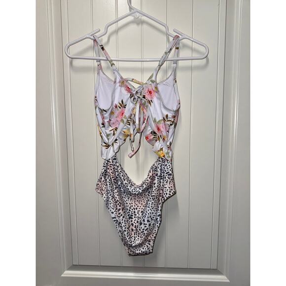 NWOT Girls Ruffle One Piece Cutout Swimsuits Floral High Waisted Tie Front Sz 13 - Picture 3 of 3
